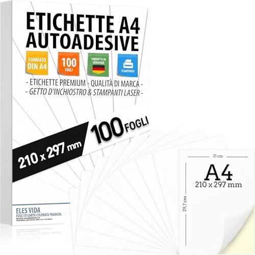 100 etichette autoadesive DIN A4, 210 x 297 mm, stampabili, universali, superficie bianca opaca, compatibili con stampanti a getto d'inchiostro e laser, adesivi per molte applicazioni – dalla Germania
