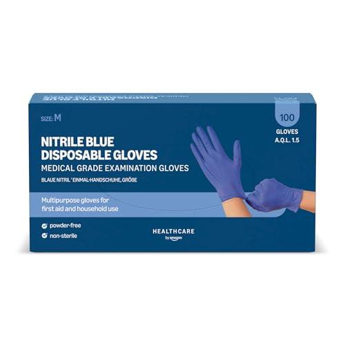 Amazon Basic Care Guanti monouso blu in nitrile, Senza polvere, Taglia M, 100 unità (Precedentemente Marchio Hevea)