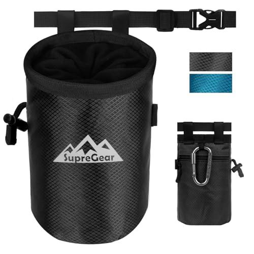 supregear Sacca per Gesso per Arrampicata su Roccia, Ampia Tasca con Cerniera E Portapennello, Chiusura A Cordino E Moschettone, Ideale per Bouldering, Sollevamento Pesi, Palestra, Nero
