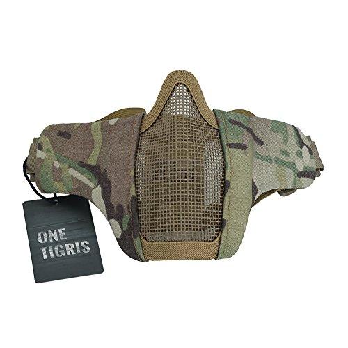 OneTigris - Maschera Tattica a metà Viso, Pieghevole, con Rete di Protezione, per Soft Air e Paintball, Regolabile, con Cinghia Elastica, Uomo, Lower Face Mask (Multicam)