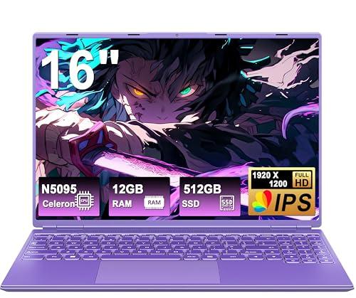 PC Portatile Win 11 16 Pollici Notebook 12+512GB 1TB SSD Espansione, Laptop Celeron N5095 (fino a 2.9Ghz) 丨Ventola di Raffreddamento丨Supporto 5G WIFI丨1920 * 1200 2K Schermo Doppio-Purple