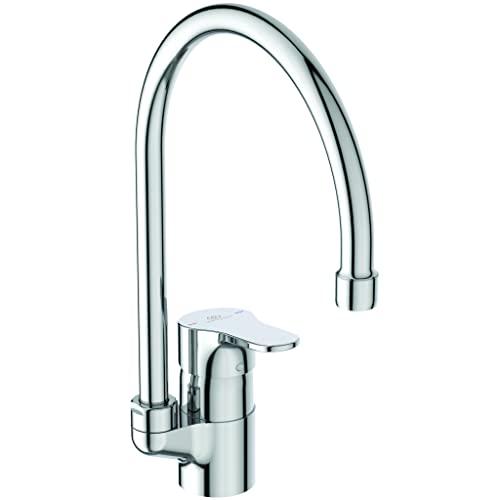 Ideal Standard – Cerabase Miscelatore cucina, Bocca alta tonda, con cartuccia FirmaFlow e tecnologia CLICK a risparmio idrico, bocca girevole a 360°, facile da installare, Cromato