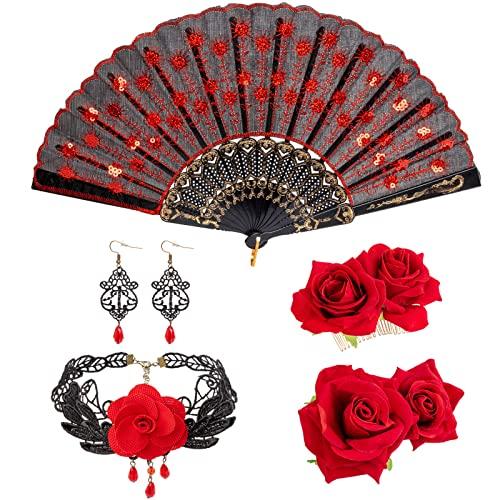 DRESHOW Set di Orecchini a Ventaglio Pieghevole con Fermaglio per Capelli con Fiore Di Rosa Accessori per Capelli per Ballerine di Flamenco da Donna