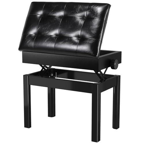 MAMIZO Sgabello Pianoforte Regolabile in Altezza 58x35x48-58 CM, 4 PCS Gambe in Legno Massello Sgabello Tastiera, Panca Pianoforte con Spazio di Archiviazione, Sgabello Pianoforte Max 150KG, Nero