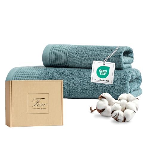 Ferò Set Asciugamani Bagno di Lusso 2 Pezzi, OEKO-TEX 100% Cotone Premium 550 g/m², Ultra Morbido e Assorbente, Design Italiano, Coppia Asciugamani Viso e Bidet, Asciugamano 50x100, 50x30 cm, Azzurro