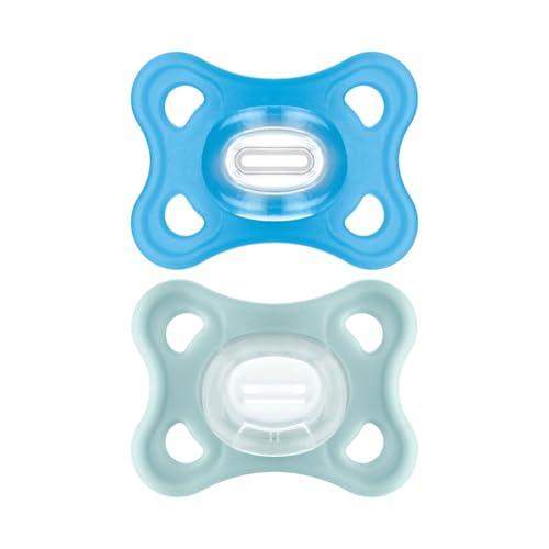 MAM Comfort Succhietto 3-12 mesi (Set da 2), Ciuccio MAM 3-12 mesi in 100% silicone con design unico, Kit da 2 accessori neonato morbidi e leggeri con porta ciuccio sterilizzatore, Azzurro/Neutro