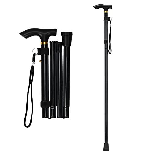 supregear Bastone Pieghevole, Regolabile per Anziani e Adulti, Ausilio per la Mobilità Uomo Donna, Portatile da Viaggio con Cinturino da Polso e Manico a T, Nero
