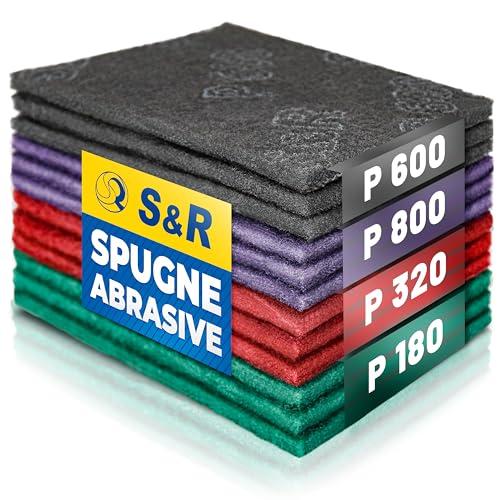S&R 12 Spugne Abrasive Grandi per Metallo Legno Acciaio inox per Cucina o Fai-da-te. Carta Vetrata a Grana fine e grossa : 180/320 / 600/800. Pacco da 12 pz