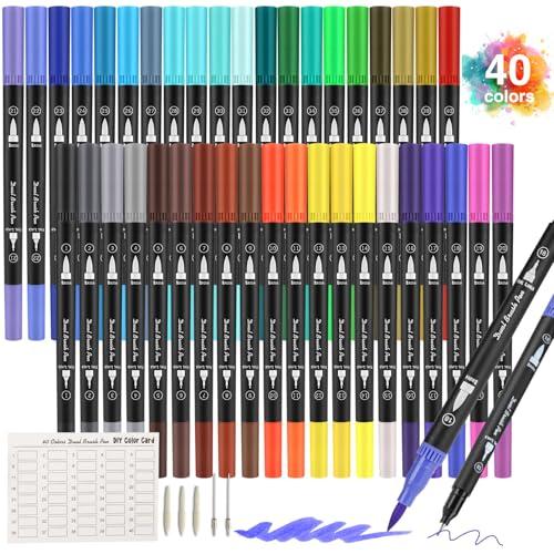 Pennarelli Doppia Punta Brush Pen, 40 Colori Punta Fine Pen 0,4 mm e 1-4mm Punta Brush, per Bambini e Adulti Calligrafia, Pittura, Colorazione, Disegnare a Scuola