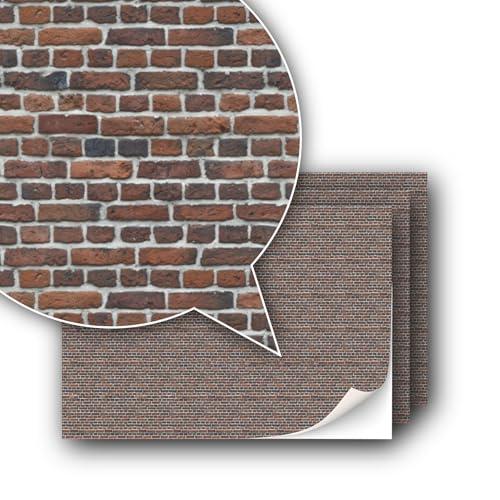 3 fogli di pellicola decorativa autoadesiva per modellismo, scala 1:87, scala H0 (UK: scala 3,5 mm) (mattoncini rossi fumè)