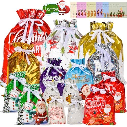 Sacchetti regalo natalizi con coulisse, 15 sacchetti regalo natalizi con 15 etichette, 7 design, 5 dimensioni, grandi o piccole, sacchetti regalo natalizi riutilizzabili per feste, regali