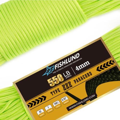 FISHLUND Paracord 550 libbre, corda Paracord tipo III a 7 fili da 50 piedi, 4 mm, corda da paracadute in nylon per campeggio, Verde neon
