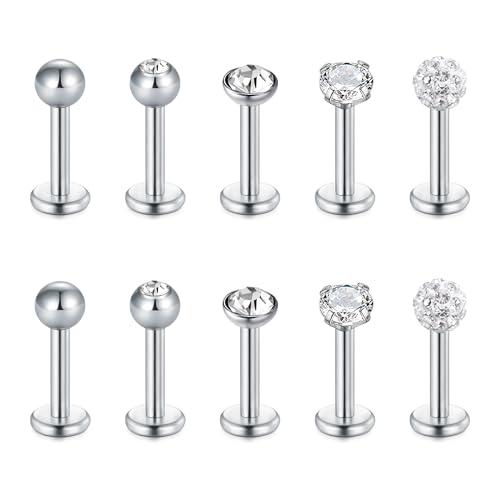Briana Williams 10pcs Stainless Steel Lip Labret Stud Tragus Helix Cartilage Bar Stud Piercing Jewelry 6mm Flat Back Earrings
