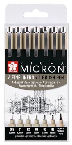 SAKURA Pigma Micron Fineliner Set di 6 penne + pennello | Impermeabile, inchiostro nero permanente | Penne per scrivere, disegnare e scrivere