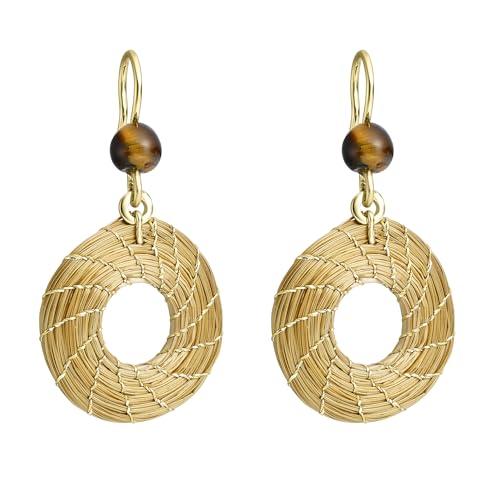 VERA NAVARRO - Orecchini Vegetali in Oro Mandala Aperto con Pietra Occhio di Tigre - 100% Naturale Fatto a Mano - Design Esclusivo