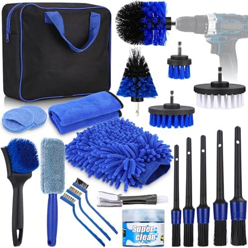 Set di 30 Pulizia per Auto, Include Una Borsa per la Custodia,Spazzola Pulizia Auto Set,Kit Pulizia Moto per la Pulizia delle Auto,Spazzola Lavaggio Auto,Dotato di Testina, Panno per la Pulizia, ECC
