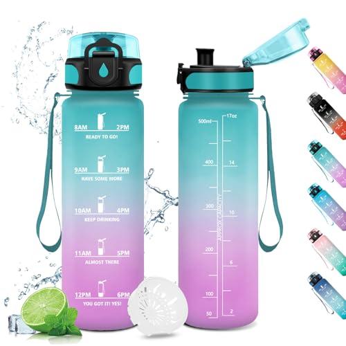 Borraccia 500ml, Borraccia con Indicatore del Tempo Motivazionale, Bottiglia con Filtro, Borraccia Bambini, a Prova di Perdite, Borracce per Bambini, Sport, Palestra, Scuola, Gym, Ufficio, Yoga