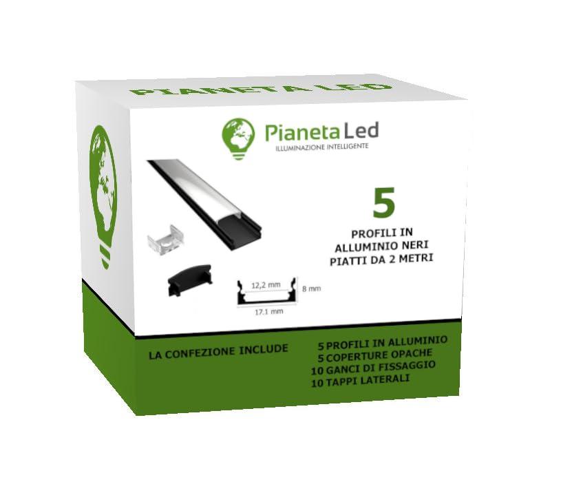 5x Profili in Alluminio Nero da 2 mt (10 mt) TL1205 per Strisce a Led con Cover Opaca tappi e ganci di montaggio inclusi