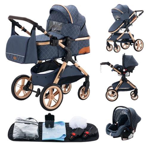 GLOKID Passeggino 3 in 1，Passeggino Canne，Trio，Portatile，Con Seggiolino Accessori，Adattatori universali，4 ruote con ammortizzatori，navicella，grandi ruote (GPX1 Blu)