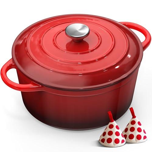 Pentola in Ghisa Smaltata - 26cm Pentole Olandese con Coperchio Casseruola Dutch Oven, Topbooc Rotonda Cocotte Padella Staub Compatibile Induzione, Gas, Forno, per Pane, Stufati, Zuppe, 5L