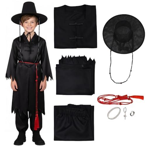 Hunters, costume cosplay per ragazzi, Kpop Hunters cattivo Saja Jinu, con vestito, cappello e catene, costume da cosplay Demon Saja Halloween, costume Kpop Stage (B, 130 cm)