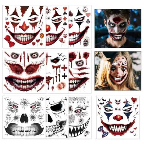 Halloween Clown Tatuaggi Temporanei, 10 Fogli Joker Impermeabili Tatuaggi, Joker Tatuaggi Halloween, Tatuaggi Viso Clown, Joker Tattoos, per Halloween, Cosplay e Festa di Mascherata