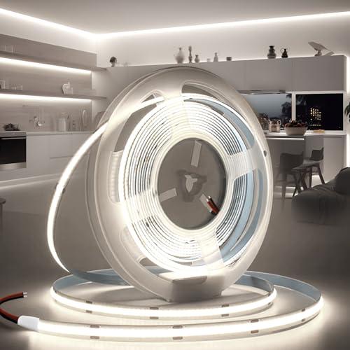 BRIMETI Striscia LED COB 12V 5M Luce LED Tubo Interno Autoadesivo 6000K Bianco Freddo 320LEDs/M Strisce Nastro Nastri Larghezza 8mm, per Cucina, Soggiorno, Bar Feste (Senza Alimentatore)