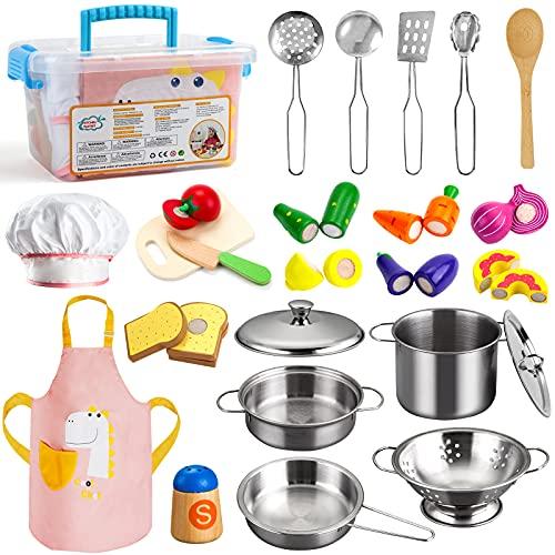Sundaymot Giocattoli da Cucina per Bambini, Accessori Cucina Bambini con Acciaio Inossidabile Pentole Set, Grembiule e Cappello, Taglio Cibo Verdura Chef Gioco di Ruolo Set per Ragazze e Ragazzi
