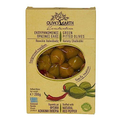 Olive’s Earth Olive Verdi Greche Calcidiche Snocciolate Ripiene di Peperone Rosso – Olive da Tavola Naturali, Croccanti e Aromatiche – 4 Confezioni da 200 g (Totale 800 g)