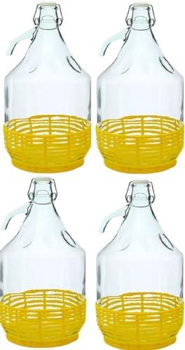 4 Dame Fermentatore Fiasco in Vetro Palloncini da 5 l con Chiusura a Gancio e Cestino in plastica - Damigiana 5 L con Tappo ermetico a Leva