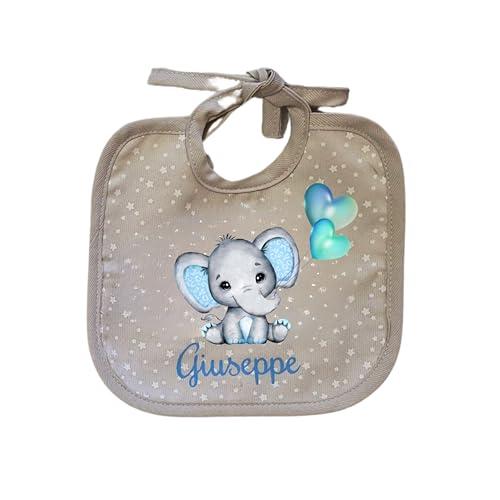 Generico Bavaglino con elefantino e nome personalizzato fatto a mano in 100% cotone morbido e assorbente, ottima idea regalo per bimbo, neonati,battesimo Made in Italy (Beige/Azzurro)