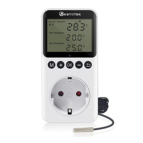 KETOTEK Digitale Presa Termostato con Timer Giorno Notte, Spina Termostato Temporizzato Rettili Terrario Regolatore di Temperatura con Sonda 220V