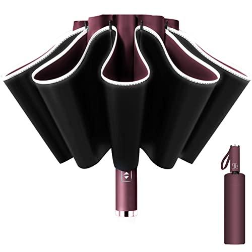 Ombrello Inverso Automatico, Ombrello Pieghevole Antivento, Ombrello Grande da Pioggia 10 Stecche Rinforzate per Uomo Donna, Diametro 105cm (Vino Rosso)
