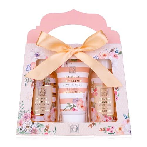 Accentra – Set Doccia Donna Set Regalo MIELE GELSOMINO in una splendida confezione regalo, Set di 3 pezzi con gel doccia, lozione corpo e bagnoschiuma, benessere per San Valentino e Festa della Mamma
