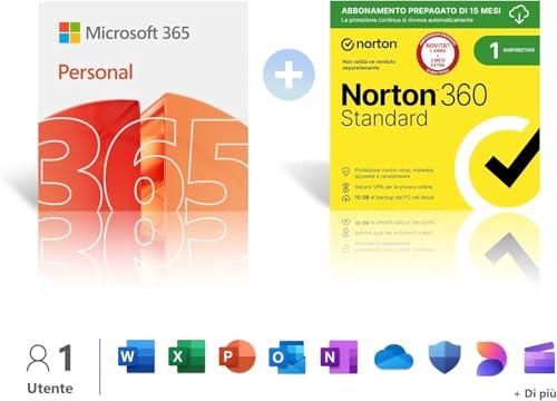 Microsoft 365 Personal | 12 mesi | 1 persona | App Office con AI | 1 TB di spazio di archiviazione Onedrive + Norton 360 Standard | Attivazione richiesta