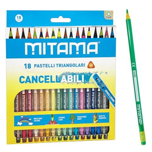MITAMA Pastelli Cancellabili - Confezione da 18 pastelli - Mina 3.0 mm - Pastelli Colorati - Colori Scuola