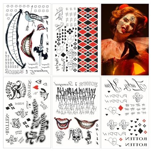 5 Fogli Tatuaggi Temporanei Halloween, Joker Tattoo, Tatuaggi Temporanei Adesivi per Adulto e Bambini Halloween Party Trucco