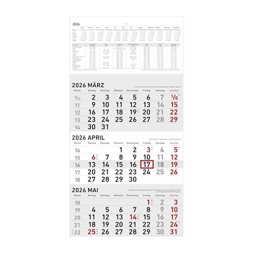 Zettler Calendario da 3 mesi piccolo 2026 – Calendario da parete 24 × 34 cm, pieghevole, 3 mesi su 1 foglio con datario, conteggio settimanale, fasi lunari, festività, paesaggio, tedesco, borsa per