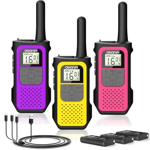AWANFI Walkie-Talkie Ricaricabile con 1200mAh Batteria, 3 Pezzi Walkie-Talkies, Walkie Talkies per Bambini Adulti, 16 Canali, VOX, Cavo USB-C, Walky Talky Lungo Raggio per Campeggio Escursioni