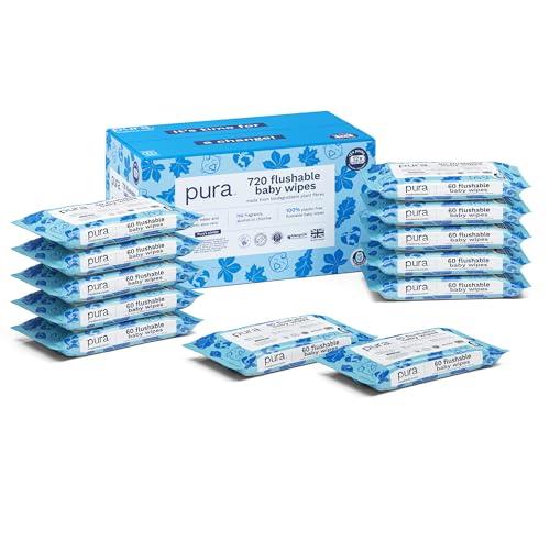 Pura Salviette Bagnate Detergenti, 720 Salviette (12 x 60 Salviette), 99% Acqua, 100% Senza Plastica, Adatte per Pelle Sensibile e Senza Profumo, Aloe Vera, Neonati, Biodegradabili, Vegan