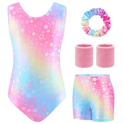 TOSZOLY Body Ginnastica Artistica Bambina, Set 5 Pezzi con Body Senza Maniche, Pantaloncini, Fascia Capelli, Polsini, Completo per Ginnastica, Danza e Spettacoli, 4-9 Anni