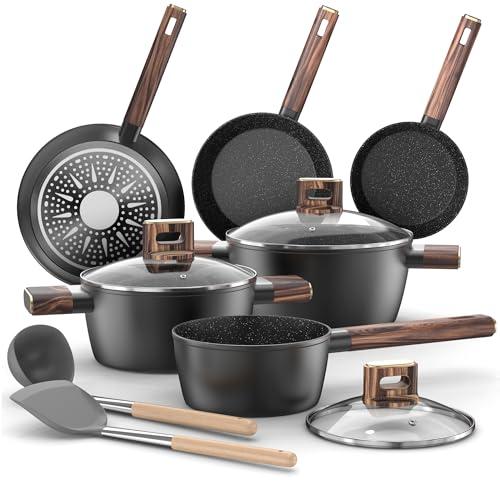 Set Pentole Induzione - 11 Pcs Batteria Pentole e Padelle Antiaderenti Per Tutti i Piani Cottura, Padella da 20/28cm, Padella da 24cm, Pentola da 16/20/24cm con Coperchi, Senza PFOA e PFOS Topbooc