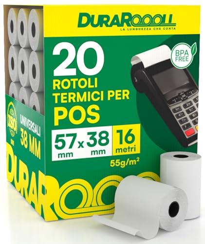 20 Rotoli Carta per POS 57x38 Rotolini Termici DuraRoooll - Rulli Carta Termica 16m Compatibile con Nexi SumUp Pax Axerve Ingenico Smart POS - Rullini per Scontrini Ricevute Bancomat Carte di Credito