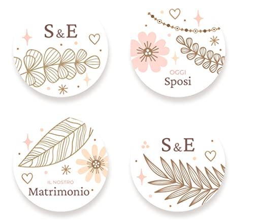 20 adesivi stickers tondi personalizzati con nomi fiori oro e cipria per bomboniere segnaposto cerimonie matrimonio comunione battesimo nozze oro argento