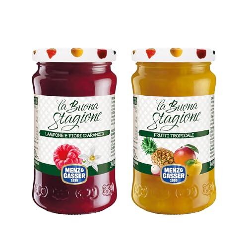 Menz&Gasser, Kit Confettura e Spalmabile, 1 Frutti Tropicali + 1 Lamponi e Fiori La Buona Stagione, Lavorata con Passione in Trentino-Südtirol, Naturalmente Senza Glutine, Vegan, 2 Vasi x 240g