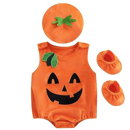 Hifot 3 Pezzi Vestito Zucca Neonato,Costume Zucca Bambino Pagliaccetto con Cappello e Scarpa Costumi Halloween Bambini Ragazze Ragazzi