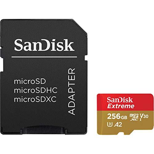 SanDisk Extreme 256 GB microSDXC Memory Card + SD Adapter with A2 App Performance + Rescue Pro Deluxe, Up to 160 MB/s, Class 10, UHS-I, U3, V30, Red/Gold