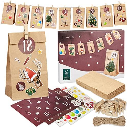 LIVAIA Calendario dell’Avvento fai da te 2025 - Kit per Creare il Tuo Calendario con 24 Sacchetti, Adesivi e Busta Regalo - Calendario dell’Avvento Personalizzabile - ‎18 x 9 x 0,03 cm