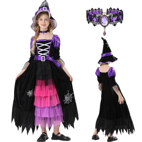 MUXIWOM Costume Strega Bambina, Vestito Strega Bambina, Costume Halloween Bambino per Halloween Carnevale Feste (4-15 Anni)