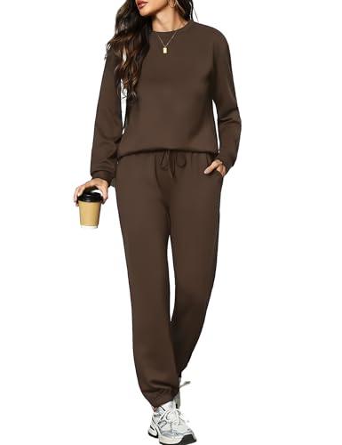 Aottori Completa Sportiva Donna Due Pezzi Tuta da Ginnastica Elegante Tute Casa Cotone Felpa Manica Lunga e Pantaloni Della Sportwear per Jogging Training Yoga Marrone L